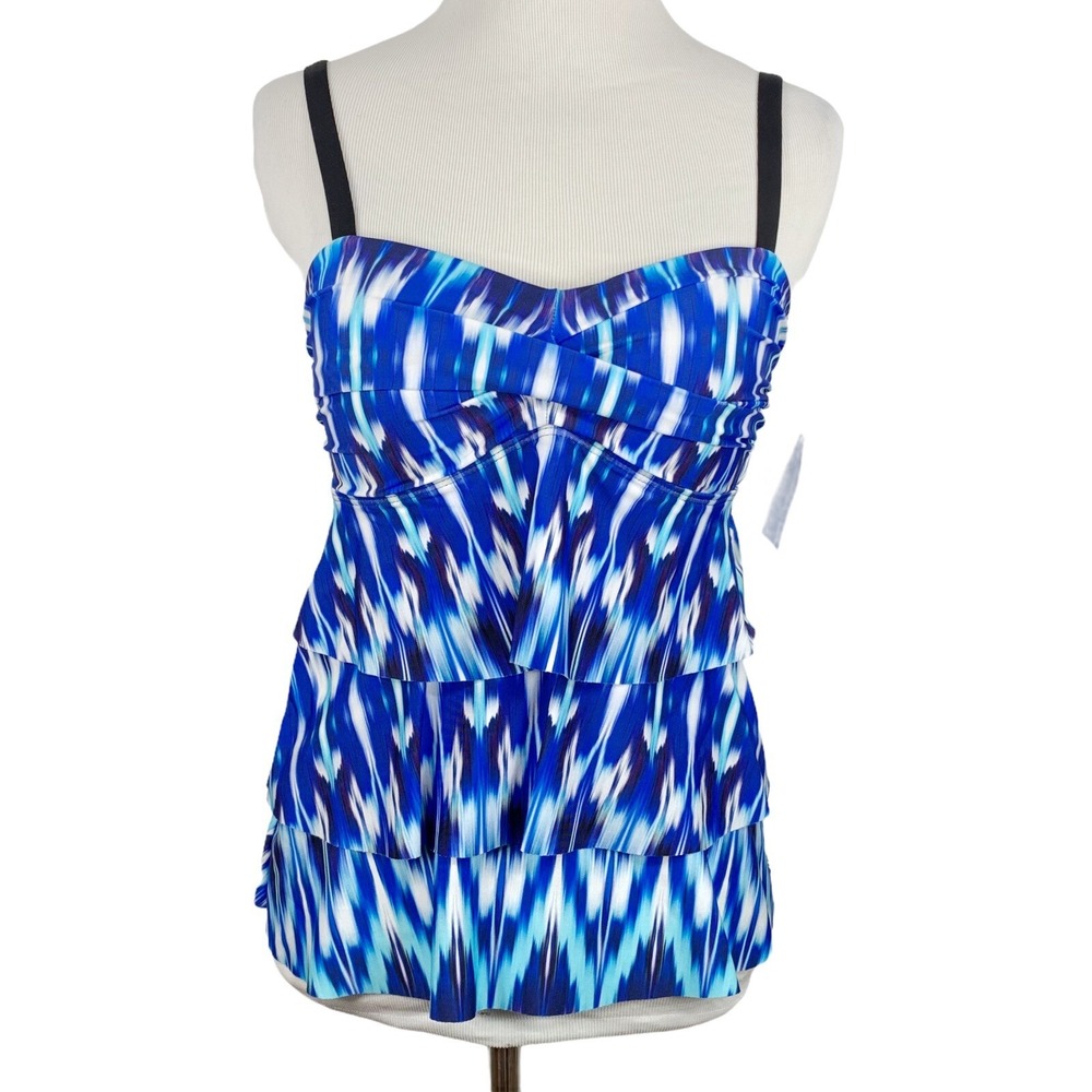 Athena‎ NWOT Side Boning Swim Tankini Top Cascade Ikat Blue Size 6 Built-in Bra